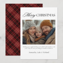 Carte de Noël familiale à carreaux rouges avec pho