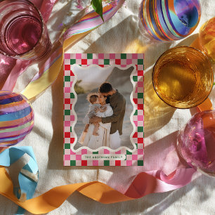 Carte de Noël Familiale à Motif Damier Rétro