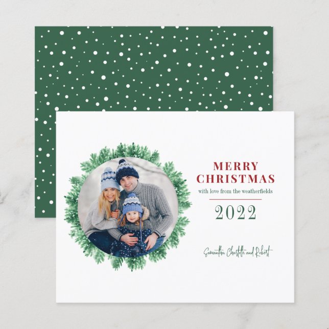 Carte de Noël familiale avec photo et pin à budget (Devant / Derrière)