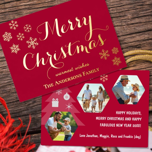 Carte de Noël Famille Joyeux Noël, Flocons de neig (Merry Christmas Family Photo Card / Real Foil)