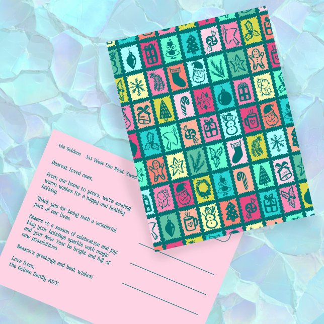 Carte de Noël Fantaisiste Grille Douce Personnalis (Whimsical Christmas Grid Cute Custom Non-Photo Colorful Holiday Postcard
)