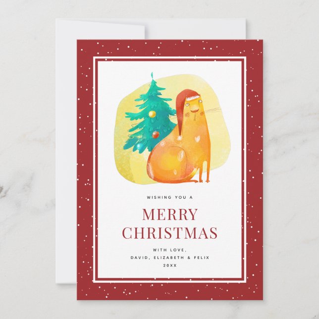 Carte de Noël Fat Cat Tree Neige Rouge Joyeux Noël (Devant)
