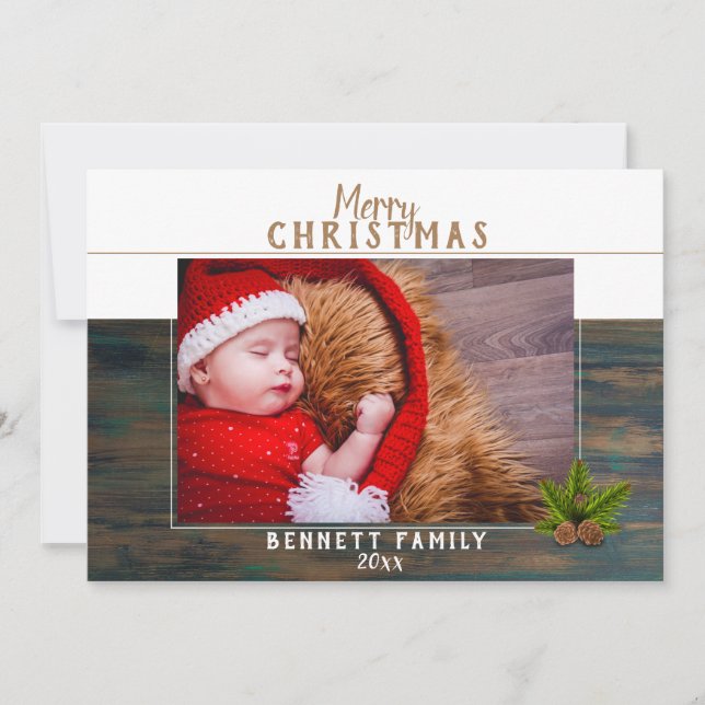Carte de Noël festive en bois rustique avec pin (Devant)