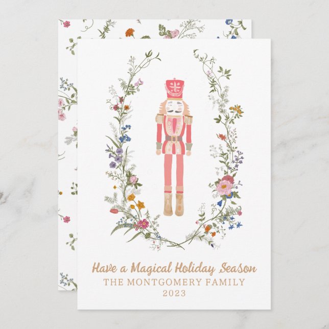 Carte de Noël Fleur de Ballet Casse-Noisette Rose (Devant / Derrière)