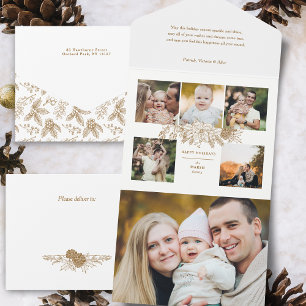 Carte de Noël florale en or gravé élégante 5-photo