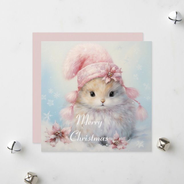 Carte de Noël Fluffy Bunny adorable (Devant/Arrière en situation)