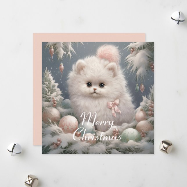 Carte de Noël Fluffy White Cat (Devant/Arrière en situation)