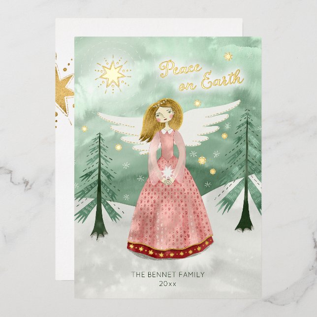Carte de Noël Foil Angel Illustré mignonne (Recto/Verso)