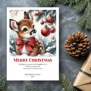 Carte de Noël forêt enchantée faon aquarelle