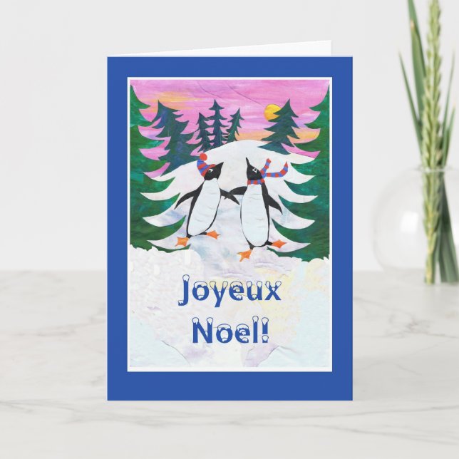 Carte de Noël française - pingouins de patinage (Devant)