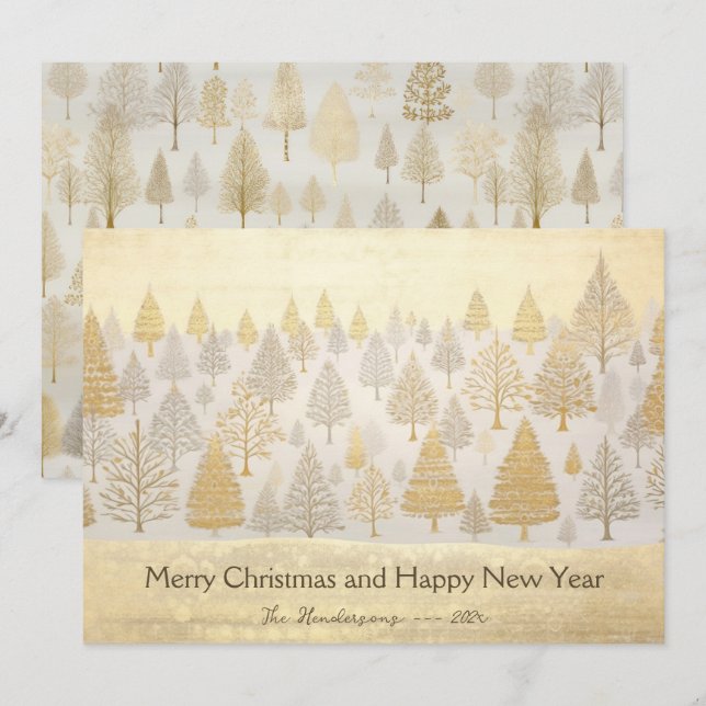 Carte de Noël Gold Silver Pine Trees (Devant / Derrière)