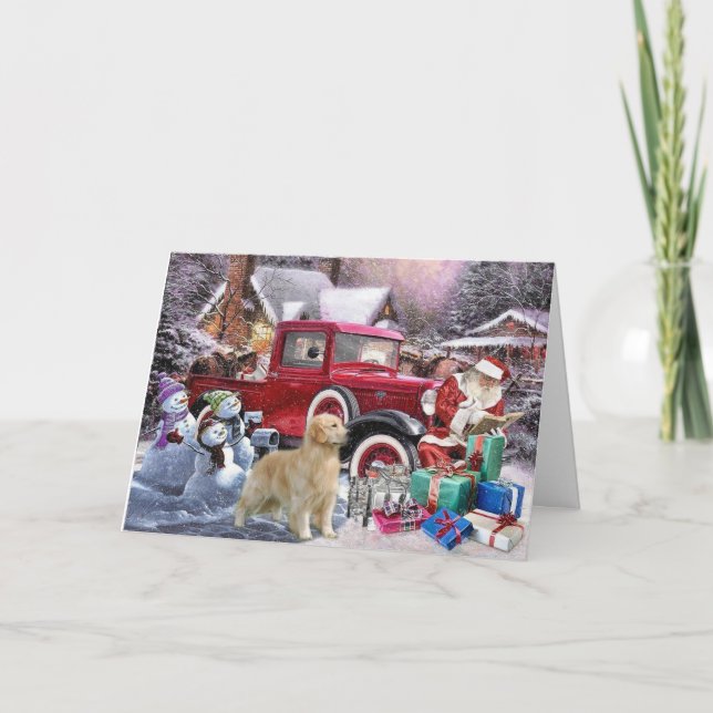 Carte de Noël Golden Retriever Père Noël et Snowme (Devant)