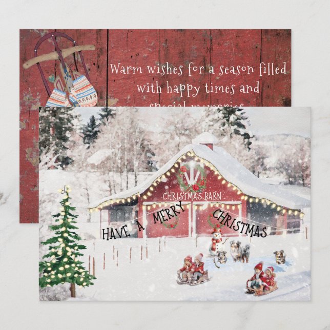 Carte de Noël, Grange, Enfants, Dents, Chiens Auss (Devant / Derrière)