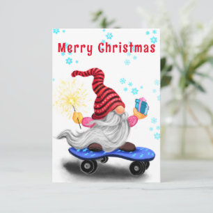 Carte de Noël Happy Skater Gnome avec cadeau