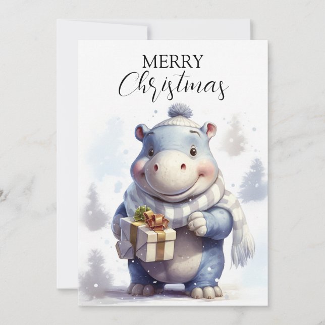 Carte de Noël hippo hiver Whimsical (Devant)