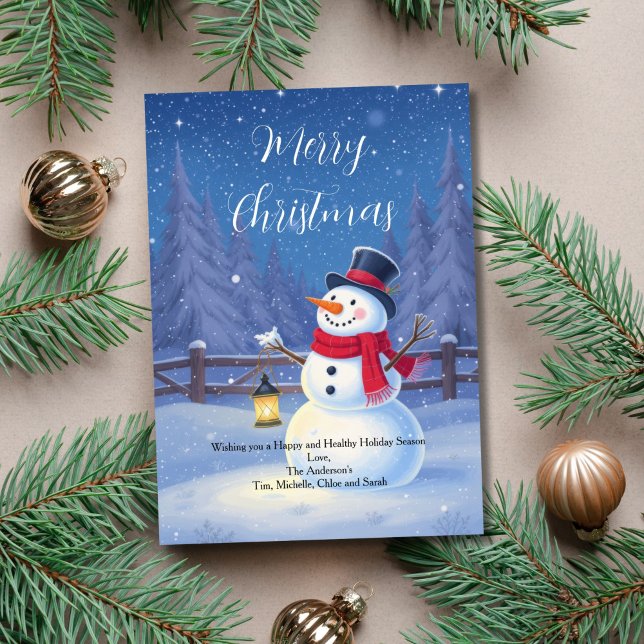Carte de Noël hiver Snowman (Snowy Winter Scene with Snowman Christmas Holiday Card. Printed or Digital Download)
