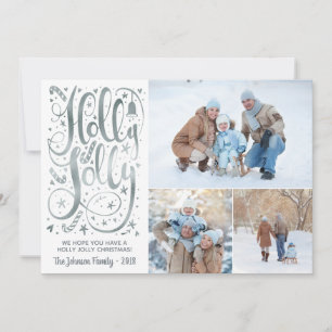 Carte de Noël Holly Jolly Photo Faux Silver Foil