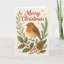 Carte de Noël Holly & Pine Robin