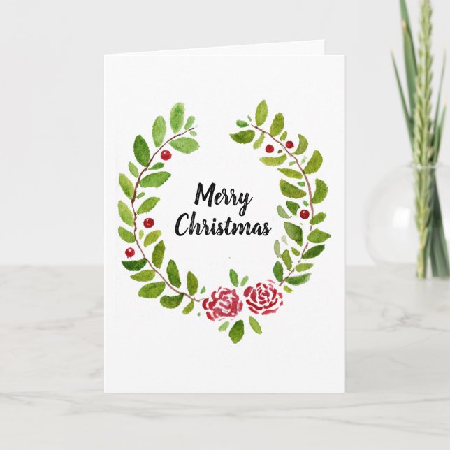 Carte de Noël Holly Wreath Watercolor (Devant)