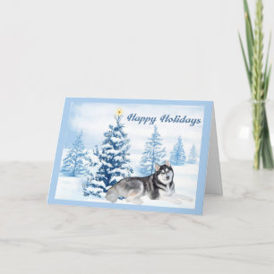Carte de Noël Husky Sibérien Arbre Bleu