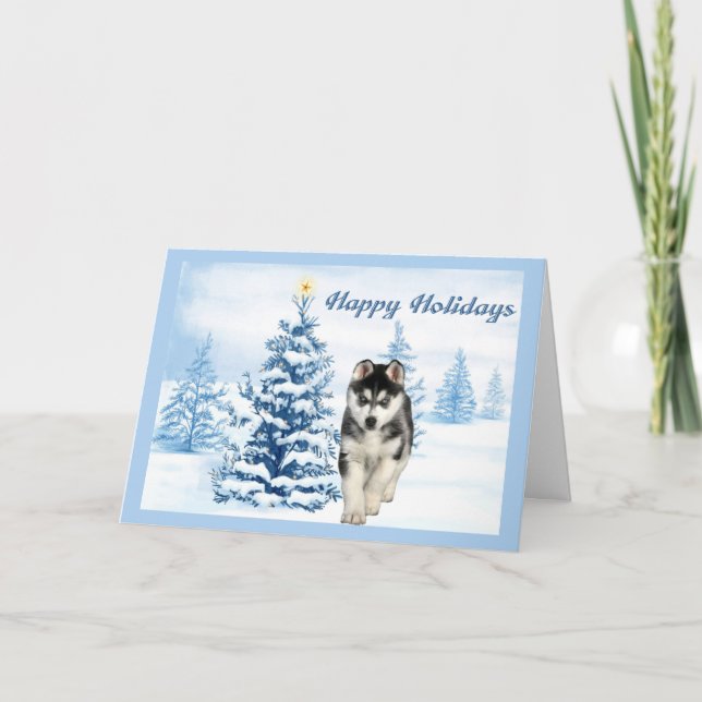 Carte de Noël Husky Sibérien Arbre Bleu (Devant)