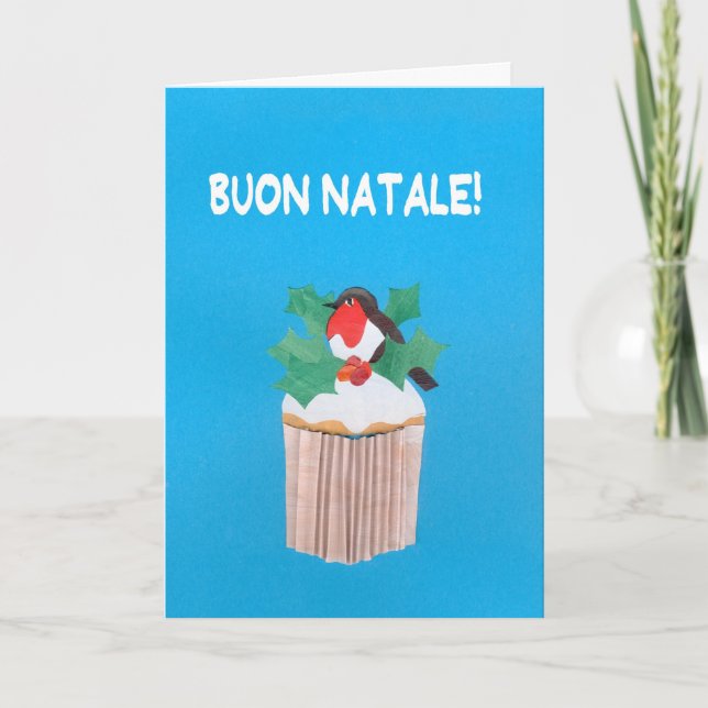 Carte de Noël, Italien, petit gâteau avec Robin (Devant)