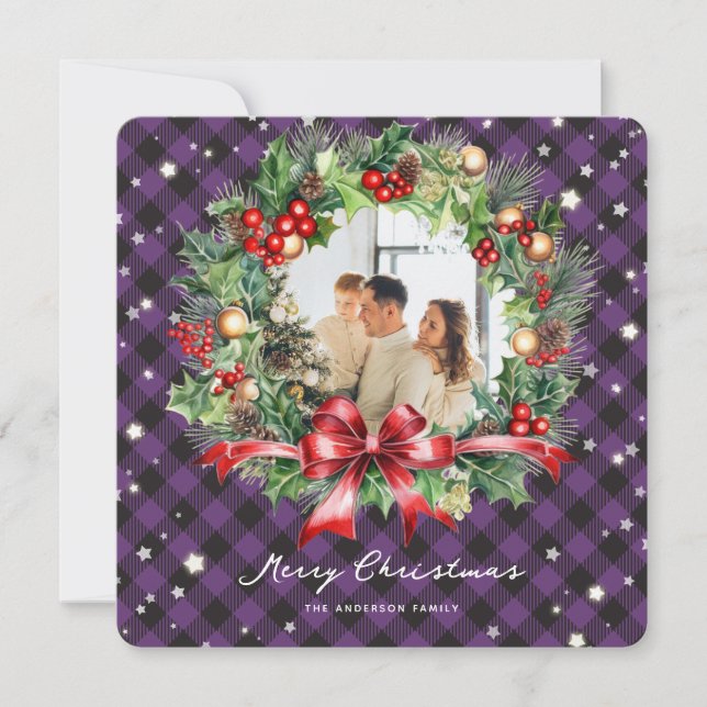 Carte de Noël Joyeuse avec couronne violette (Devant)