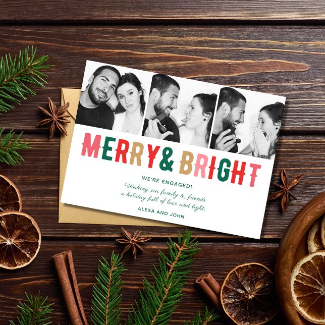 Carte de Noël Joyeuse et Fiançailles brillante (Merry and Bright Engagement Christmas Card)