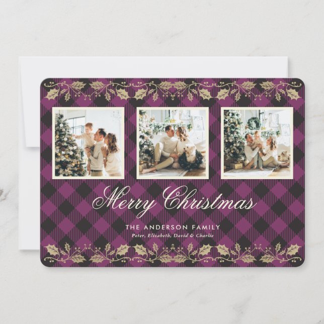 Carte de Noël Joyeuse Gold Holly Plaid violet (Devant)