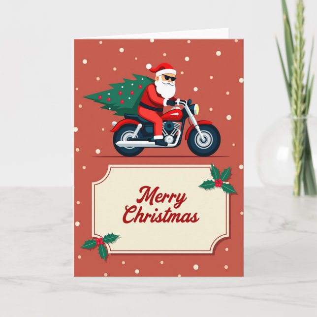 Carte de Noël Joyeuse Moto Père Noël Biker (Devant)