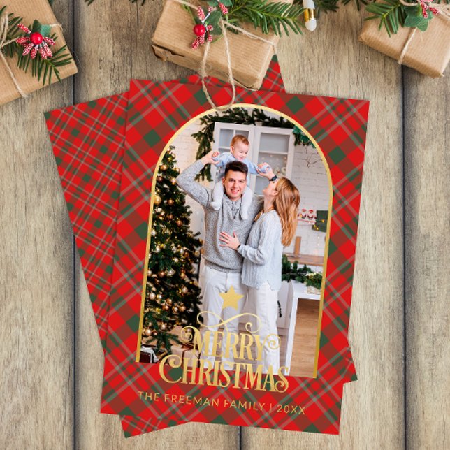 Carte de Noël Joyeux Arc Rouge Plaid (Arch Photo Christmas Card)
