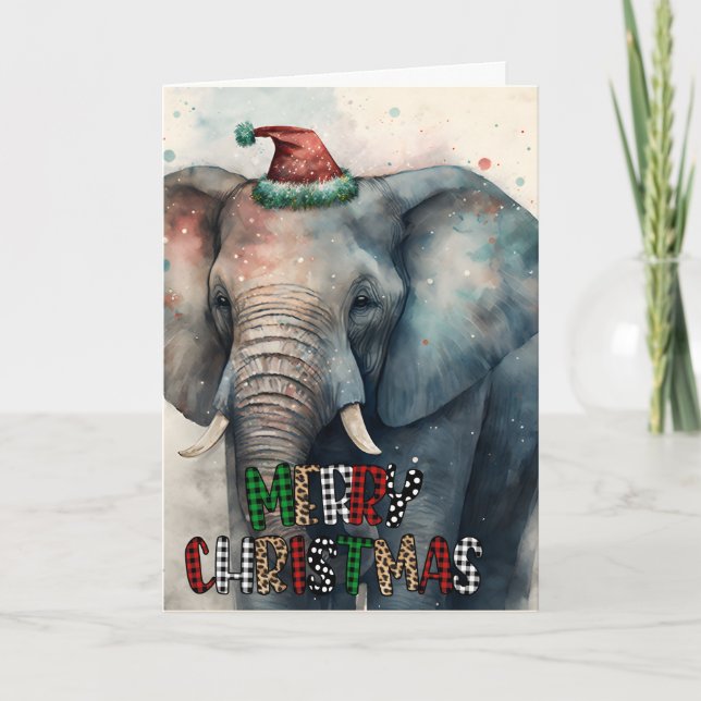 Carte de Noël Joyeux avec Grand Éléphant Heureux (Devant)