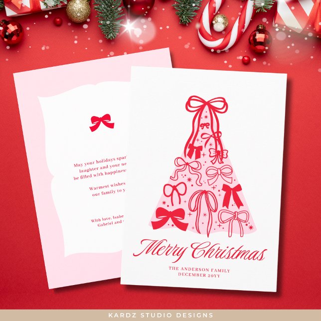 Carte de Noël Joyeux Bow rouge rose moderne (Front and back of 5 x 7 inches flat card shown. Personalize and choose paper and corner style.)