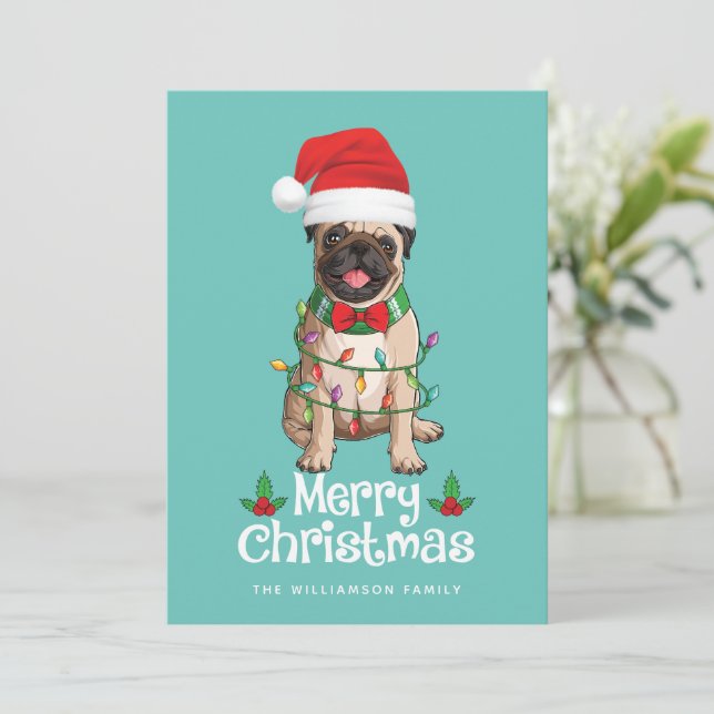 Carte de Noël joyeux chien Carlin (Debout devant)