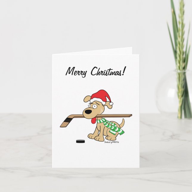 Carte de Noël Joyeux chien de hockey (Devant)