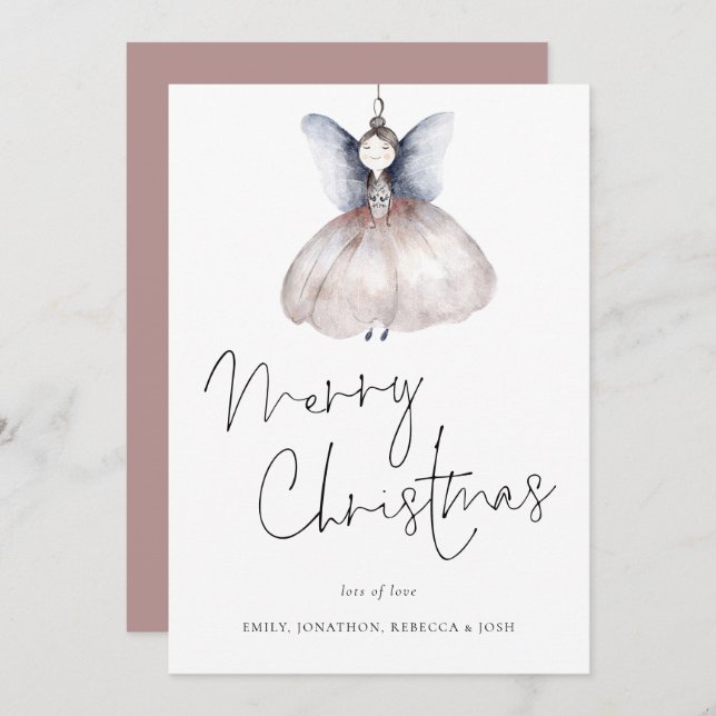 Carte de Noël Joyeux minimaliste Fée Aquarelle (Devant / Derrière)