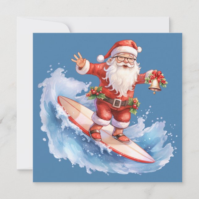 Carte de Noël Joyeux Père Noël Surfing (Devant)