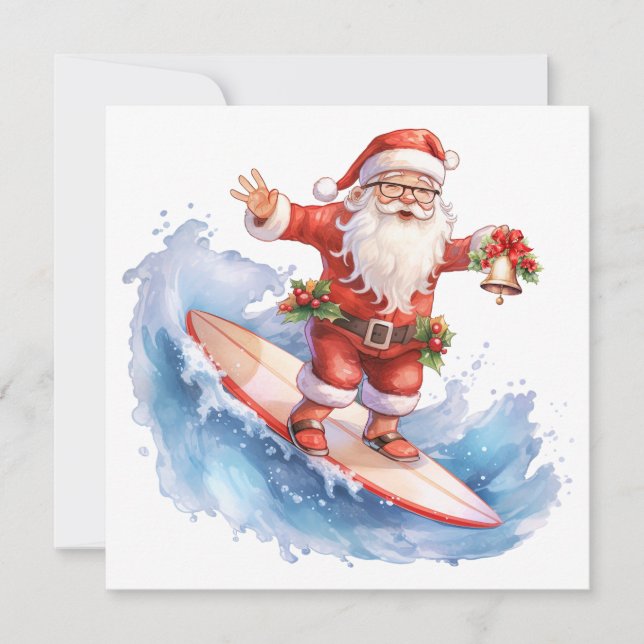 Carte de Noël Joyeux Père Noël Surfing (Devant)