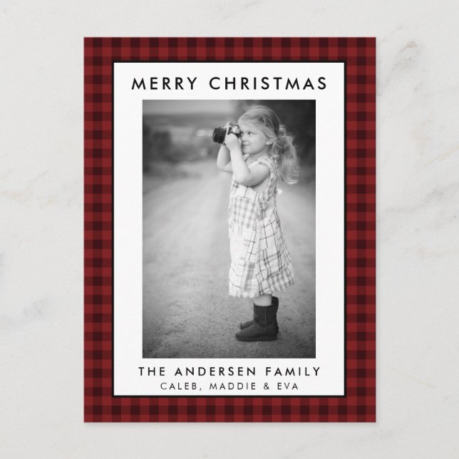 Carte de Noël Joyeux Photo Rouge Plaid (Devant)