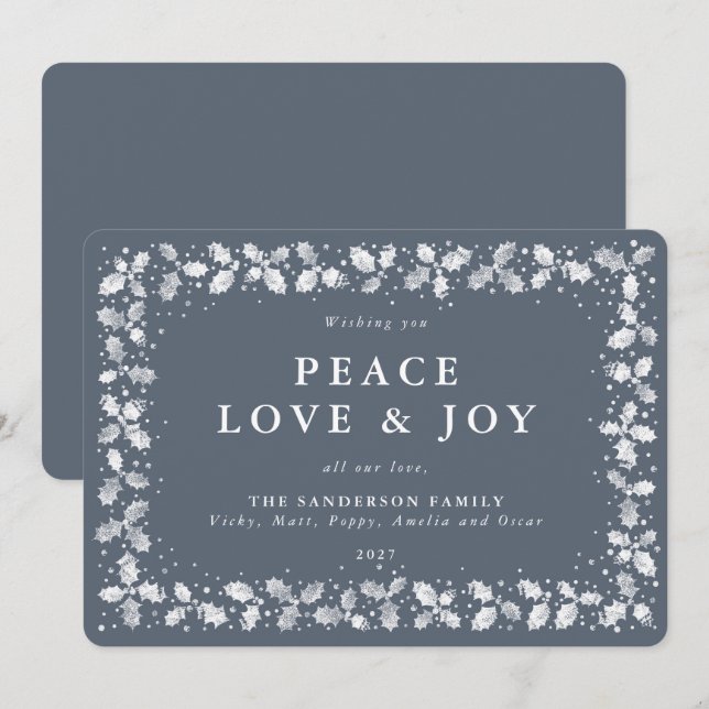 Carte de Noël laïque gris bleu foncé holly et baie (Devant / Derrière)