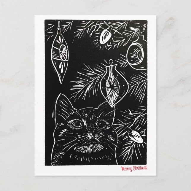 Carte de Noël Linogravure Chat (Devant)