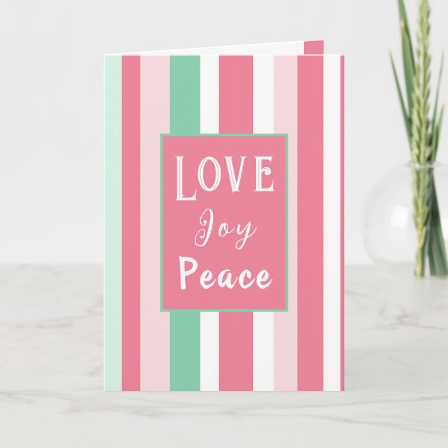 Carte de Noël "Love Joy Peace" Pink Mint Stripes (Devant)