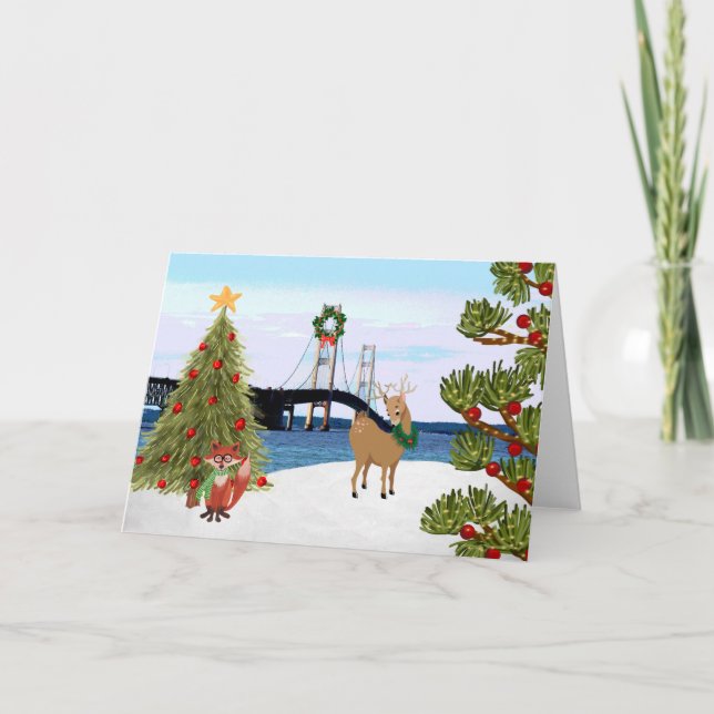 Carte de Noël Mackinac Bridge avec Fox (Devant)