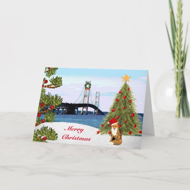 Carte de Noël Mackinac Bridge avec Fox (Devant)