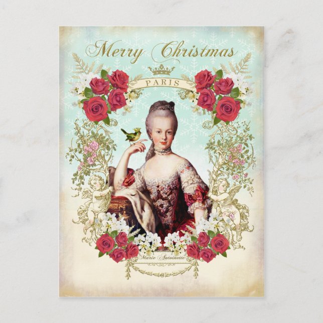 Carte de Noël Marie Antoinette Oiseau Roses Rouges (Devant)