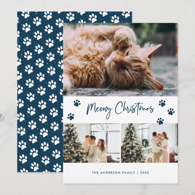 Carte de Noël Meowy du propriétaire du chat bleu (Devant / Derrière)