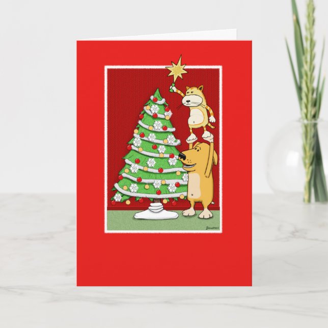 Carte de Noël mignonne : Chat et chien (Devant)