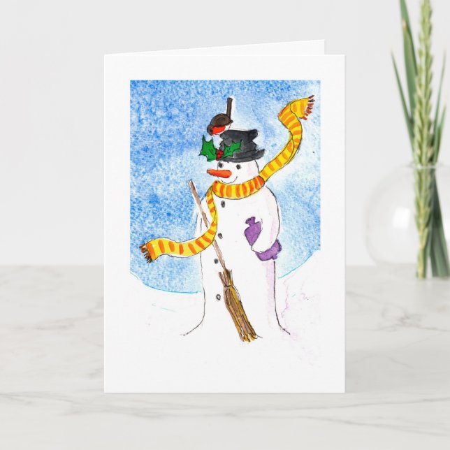 Carte de Noël mignonne galloise, Snowman et Robin (Devant)