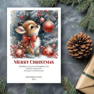 Carte de Noël minimaliste bébé faon forêt enneigée
