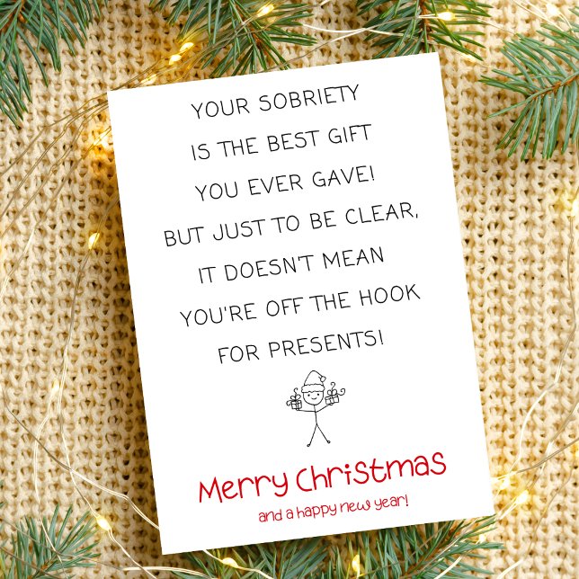 Carte de Noël minimaliste et drôle (humorous xmas card for addiction recovery, sober support, simple minimal black red)